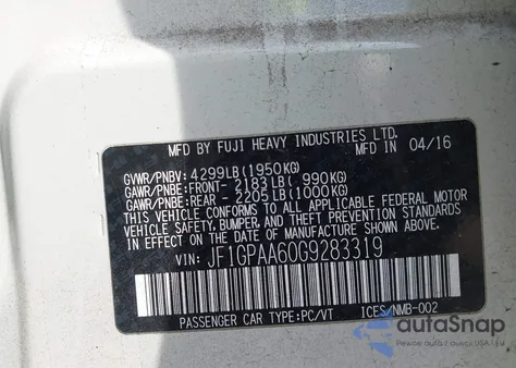 2016 Subaru Impreza 2.0I из США, поврежденный, VIN JF1GPAA60G9283319